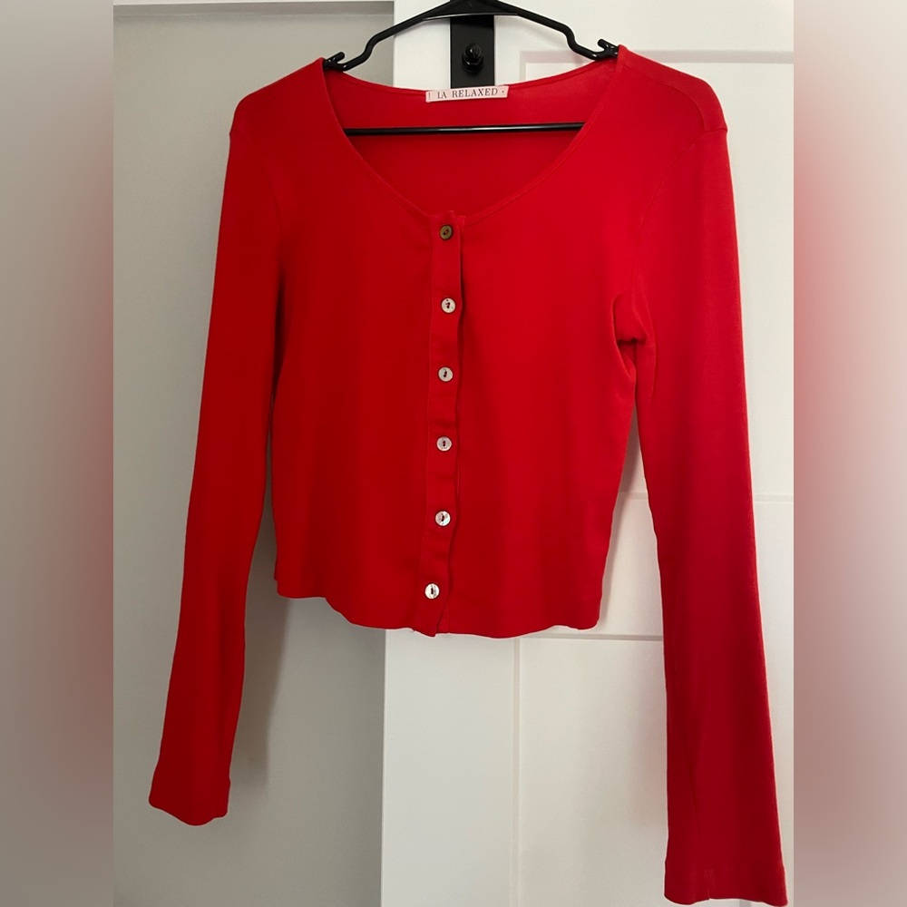 LA Relaxed Cherry Organic Rib Cardigan Top
